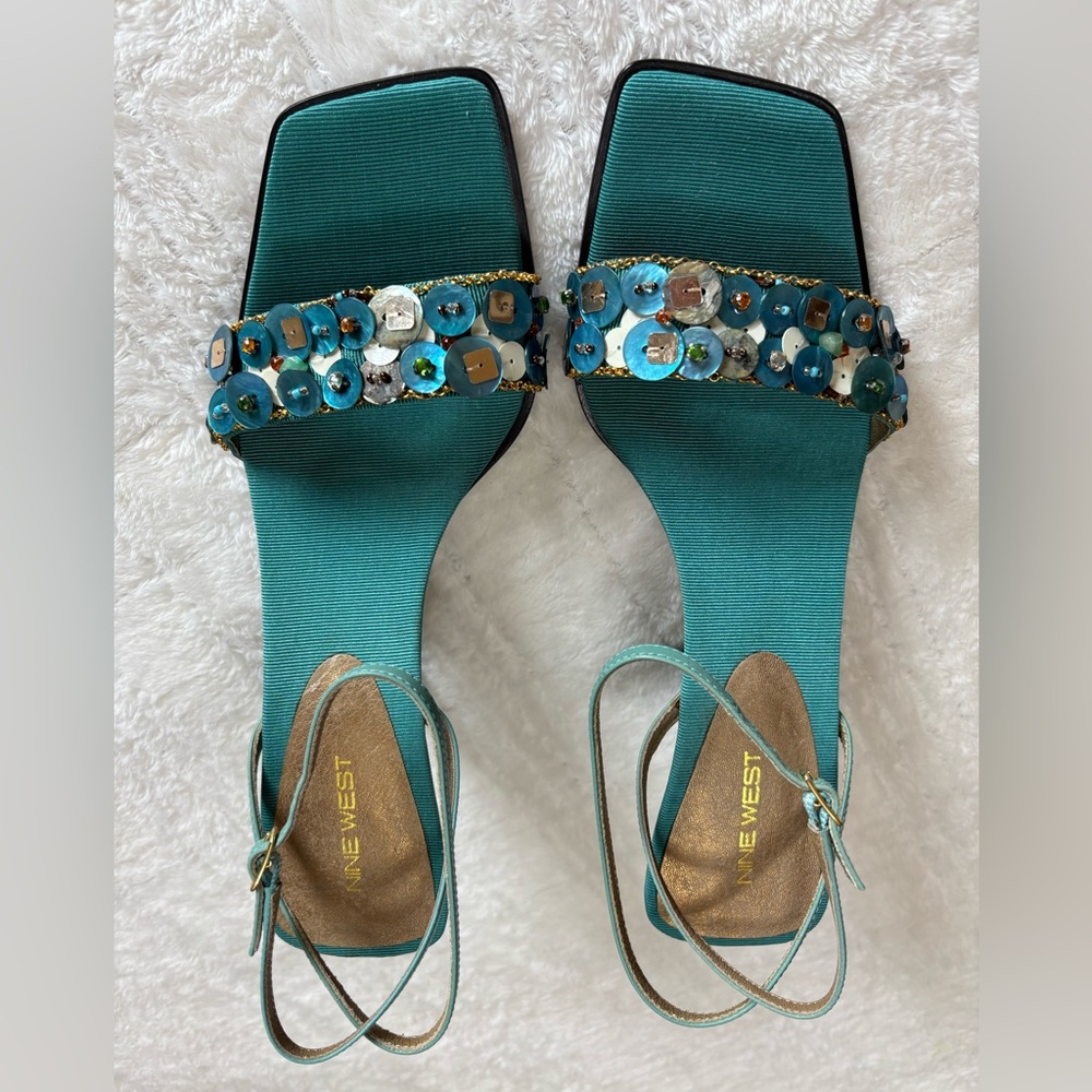 Vintage Nine West Teal Beaded Strappy Heels Sz 8.5 Y2K